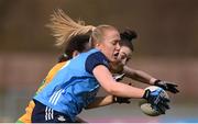 17 March 2023; Jodi Egan of Dublin in action against Katie Dowds and Roisin Rodgers, right, of Donegal during the Lidl Ladies National Football League Division 1 match between Donegal and Dublin at O’Donnell Park in Letterkenny, Donegal. Photo by Stephen McCarthy/Sportsfile