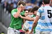 17 March 2023; Tom Myley of Gonzaga College, left, celebrates with team-mate Finn O'Neill after scoring his side's fifth try during the Bank of Ireland Leinster Schools Senior Cup Final match between Gonzaga College and Blackrock Collegee at RDS Arena in Dublin. Photo by Sam Barnes/Sportsfile