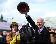 17 March 2023; Jockey Paul Townend and trainer Willie Mullins celebrate after Galopin Des Champs had won the Boodles Cheltenham Gold Cup Chase during day four of the Cheltenham Racing Festival at Prestbury Park in Cheltenham, England. Photo by Harry Murphy/Sportsfile