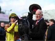 17 March 2023; Jockey Paul Townend and trainer Willie Mullins celebrate after Galopin Des Champs had won the Boodles Cheltenham Gold Cup Chase during day four of the Cheltenham Racing Festival at Prestbury Park in Cheltenham, England. Photo by Harry Murphy/Sportsfile