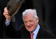 17 March 2023; Winning trainer Willie Mullins celebrates after Galopin Des Champs had won the Boodles Cheltenham Gold Cup Chase during day four of the Cheltenham Racing Festival at Prestbury Park in Cheltenham, England. Photo by Seb Daly/Sportsfile