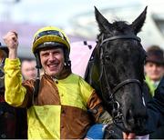 17 March 2023; Winning jockey Paul Townend celebrates after Galopin Des Champs had won the Boodles Cheltenham Gold Cup Chase during day four of the Cheltenham Racing Festival at Prestbury Park in Cheltenham, England. Photo by Harry Murphy/Sportsfile