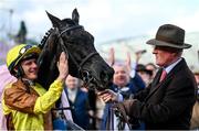 17 March 2023; Winning jockey Paul Townend and trainer Willie Mullins celebrate after Galopin Des Champs had won the Boodles Cheltenham Gold Cup Chase during day four of the Cheltenham Racing Festival at Prestbury Park in Cheltenham, England. Photo by Harry Murphy/Sportsfile