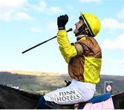 17 March 2023; Jockey Paul Townend celebrates after winning the Boodles Cheltenham Gold Cup Chase on Galopin Des Champs during day four of the Cheltenham Racing Festival at Prestbury Park in Cheltenham, England. Photo by Harry Murphy/Sportsfile Photo by Seb Daly/Sportsfile