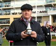 17 March 2023; Trainer Gordon Elliott with the Prestbury Cup after day four of the Cheltenham Racing Festival at Prestbury Park in Cheltenham, England. Photo by Seb Daly/Sportsfile