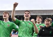 17 March 2023; Paul Wilson of Gonzaga College celebrates with team-mates after his side's victory in the Bank of Ireland Leinster Schools Senior Cup Final match between Gonzaga College and Blackrock Collegee at RDS Arena in Dublin. Photo by Sam Barnes/Sportsfile