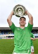 17 March 2023; Paul Wilson of Gonzaga College lifts the cup after his side's victory in the Bank of Ireland Leinster Schools Senior Cup Final match between Gonzaga College and Blackrock Collegee at RDS Arena in Dublin. Photo by Sam Barnes/Sportsfile