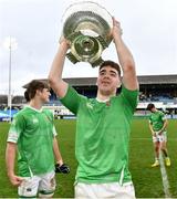 17 March 2023; Paul Wilson of Gonzaga College celebrates with the cup after his side's victory in the Bank of Ireland Leinster Schools Senior Cup Final match between Gonzaga College and Blackrock Collegee at RDS Arena in Dublin. Photo by Sam Barnes/Sportsfile