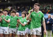 17 March 2023; Paul Wilson of Gonzaga College gives a speech after his side's victory in the Bank of Ireland Leinster Schools Senior Cup Final match between Gonzaga College and Blackrock Collegee at RDS Arena in Dublin. Photo by Sam Barnes/Sportsfile