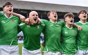 17 March 2023; Gonzaga College players celebrates after their victory in the Bank of Ireland Leinster Schools Senior Cup Final match between Gonzaga College and Blackrock Collegee at RDS Arena in Dublin. Photo by Sam Barnes/Sportsfile