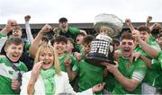 17 March 2023; Gonzaga College captain Paul Wilson, right, lifts the cup which was presented by his mother Noreen Wilson, after his side's victory in the Bank of Ireland Leinster Schools Senior Cup Final match between Gonzaga College and Blackrock Collegee at RDS Arena in Dublin. Photo by Sam Barnes/Sportsfile