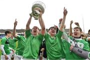 17 March 2023; Gonzaga College players including Tom Myley, centre left, and Morgan Tyrrell, centre right, celebrate with cup after their side's victory in the Bank of Ireland Leinster Schools Senior Cup Final match between Gonzaga College and Blackrock Collegee at RDS Arena in Dublin. Photo by Sam Barnes/Sportsfile