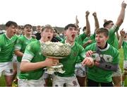 17 March 2023;  Gonzaga College players including Tom Myley, centre left, and Morgan Tyrrell, centre right, celebrate with cup after their side's victory in the Bank of Ireland Leinster Schools Senior Cup Final match between Gonzaga College and Blackrock Collegee at RDS Arena in Dublin. Photo by Sam Barnes/Sportsfile