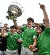 17 March 2023; Gonzaga College players including Hugo McLaughlin, centre, celebrates with cup after their side's victory in the Bank of Ireland Leinster Schools Senior Cup Final match between Gonzaga College and Blackrock Collegee at RDS Arena in Dublin. Photo by Sam Barnes/Sportsfile