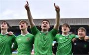 17 March 2023; Paul Wilson of Gonzaga College celebrates with team-mates after his side's victory in the Bank of Ireland Leinster Schools Senior Cup Final match between Gonzaga College and Blackrock Collegee at RDS Arena in Dublin. Photo by Sam Barnes/Sportsfile