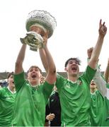 17 March 2023;  Gonzaga College players including Tom Myley, centre left, and Morgan Tyrrell, centre right, celebrate with cup after their side's victory in the Bank of Ireland Leinster Schools Senior Cup Final match between Gonzaga College and Blackrock Collegee at RDS Arena in Dublin. Photo by Sam Barnes/Sportsfile