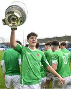 17 March 2023; JP Breslin of Gonzaga College celebrates with cup after his side's victory in the Bank of Ireland Leinster Schools Senior Cup Final match between Gonzaga College and Blackrock Collegee at RDS Arena in Dublin. Photo by Sam Barnes/Sportsfile