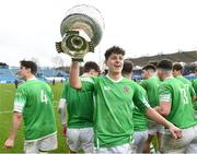 17 March 2023; JP Breslin of Gonzaga College celebrates with cup after his side's victory in the Bank of Ireland Leinster Schools Senior Cup Final match between Gonzaga College and Blackrock Collegee at RDS Arena in Dublin. Photo by Sam Barnes/Sportsfile