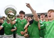 17 March 2023; Gonzaga College players including Hugo McLaughlin, centre left, and Gonzaga College captain Paul Wilson, centre right, celebrate with cup after their side's victory in the Bank of Ireland Leinster Schools Senior Cup Final match between Gonzaga College and Blackrock Collegee at RDS Arena in Dublin. Photo by Sam Barnes/Sportsfile