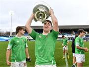 17 March 2023; Paul Wilson of Gonzaga College celebrates with the cup after his side's victory in the Bank of Ireland Leinster Schools Senior Cup Final match between Gonzaga College and Blackrock Collegee at RDS Arena in Dublin. Photo by Sam Barnes/Sportsfile