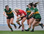 17 March 2023; Katie Quirke of Cork in action against Kerry players, from left, Emma Costello, Cáit Lynch and Eilís Lynch of Kerry during the Lidl Ladies National Football League Division 1 match between Cork and Kerry at Páirc Uí Chaoimh in Cork. Photo by Piaras Ó Mídheach/Sportsfile