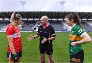 17 March 2023; Referee Kevin Phelan with team captains Maire O'Callaghan of Cork and Anna Galvin of Kerry before the Lidl Ladies National Football League Division 1 match between Cork and Kerry at Páirc Uí Chaoimh in Cork. Photo by Piaras Ó Mídheach/Sportsfile