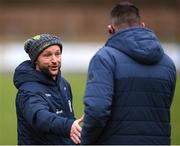 17 March 2023; Donegal mentor Bryan Curran shakes hands with Dublin manager Mick Bohan after the Lidl Ladies National Football League Division 1 match between Donegal and Dublin at O’Donnell Park in Letterkenny, Donegal. Photo by Stephen McCarthy/Sportsfile