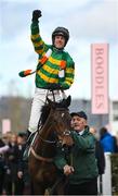 17 March 2023; Jockey Brian Hayes celebrates on Impervious after winning the Mrs Paddy Power Mares' Chase during day four of the Cheltenham Racing Festival at Prestbury Park in Cheltenham, England. Photo by Seb Daly/Sportsfile