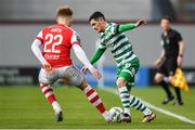 17 March 2023; Trevor Clarke of Shamrock Rovers in action against Sam Curtis of St Patrick's Athletic during the SSE Airtricity Men's Premier Division match between Shamrock Rovers and St Patrick's Athletic at Tallaght Stadium in Dublin. Photo by Tyler Miller/Sportsfile