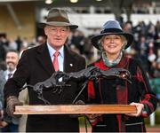 17 March 2023; Trainer Willie Mullins and his wife Jackie with the 'Leading Trainer Award' during day four of the Cheltenham Racing Festival at Prestbury Park in Cheltenham, England. Photo by Seb Daly/Sportsfile