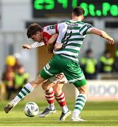 17 March 2023; Neil Farrugia of Shamrock Rovers in action against Conor Carty of St Patrick's Athletic during the SSE Airtricity Men's Premier Division match between Shamrock Rovers and St Patrick's Athletic at Tallaght Stadium in Dublin. Photo by Ramsey Cardy/Sportsfile