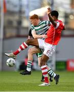 17 March 2023; Rory Gaffney of Shamrock Rovers in action against Noah Lewis of St Patrick's Athletic during the SSE Airtricity Men's Premier Division match between Shamrock Rovers and St Patrick's Athletic at Tallaght Stadium in Dublin. Photo by Tyler Miller/Sportsfile