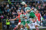 17 March 2023; Sean Hoare of Shamrock Rovers heads on goal during the SSE Airtricity Men's Premier Division match between Shamrock Rovers and St Patrick's Athletic at Tallaght Stadium in Dublin. Photo by Tyler Miller/Sportsfile
