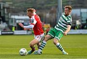17 March 2023; Eoin Doyle of St Patrick's Athletic is fouled in the penalty box by Sean Hoare of Shamrock Rovers during the SSE Airtricity Men's Premier Division match between Shamrock Rovers and St Patrick's Athletic at Tallaght Stadium in Dublin. Photo by Ramsey Cardy/Sportsfile