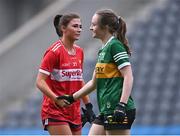 17 March 2023; Ellie Jack of Cork and Keri-Ann Hanrahan of Kerry shake hands after the Lidl Ladies National Football League Division 1 match between Cork and Kerry at Páirc Uí Chaoimh in Cork. Photo by Piaras Ó Mídheach/Sportsfile