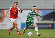 17 March 2023; Jack Byrne of Shamrock Rovers in action against Thijs Timmermans of St Patrick's Athletic during the SSE Airtricity Men's Premier Division match between Shamrock Rovers and St Patrick's Athletic at Tallaght Stadium in Dublin. Photo by Tyler Miller/Sportsfile