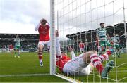 17 March 2023; Conor Carty, left, and Eoin Doyle of St Patrick's Athletic react after a missed goal chance during the SSE Airtricity Men's Premier Division match between Shamrock Rovers and St Patrick's Athletic at Tallaght Stadium in Dublin. Photo by Ramsey Cardy/Sportsfile