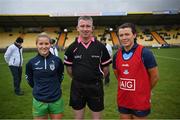 17 March 2023; Referee Anthony Marron with Donegal captain Niamh McLaughlin and Dublin captain Leah Caffrey before the Lidl Ladies National Football League Division 1 match between Donegal and Dublin at O’Donnell Park in Letterkenny, Donegal. Photo by Stephen McCarthy/Sportsfile
