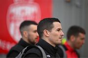 17 March 2023; Ciaran Coll of Derry City arrives for the SSE Airtricity Men's Premier Division match between Derry City and Sligo Rovers at The Ryan McBride Brandywell Stadium in Derry. Photo by Stephen McCarthy/Sportsfile