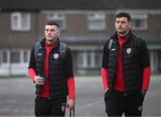 17 March 2023; Ryan Graydon, left, and Cian Kavanagh of Derry City arrive for the SSE Airtricity Men's Premier Division match between Derry City and Sligo Rovers at The Ryan McBride Brandywell Stadium in Derry. Photo by Stephen McCarthy/Sportsfile