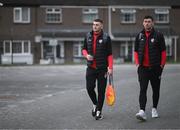 17 March 2023; Ryan Graydon, left, and Cian Kavanagh of Derry City arrive for the SSE Airtricity Men's Premier Division match between Derry City and Sligo Rovers at The Ryan McBride Brandywell Stadium in Derry. Photo by Stephen McCarthy/Sportsfile