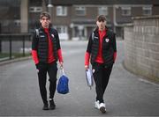 17 March 2023; Ollie O'Neill, left, and Matt Ward of Derry City arrive for the SSE Airtricity Men's Premier Division match between Derry City and Sligo Rovers at The Ryan McBride Brandywell Stadium in Derry. Photo by Stephen McCarthy/Sportsfile