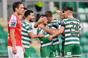17 March 2023; Jack Byrne of Shamrock Rovers, centre, celebrates with teammates after scoring their side's second goal during the SSE Airtricity Men's Premier Division match between Shamrock Rovers and St Patrick's Athletic at Tallaght Stadium in Dublin. Photo by Ramsey Cardy/Sportsfile