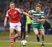 17 March 2023; Rory Gaffney of Shamrock Rovers in action against Thijs Timmermans of St Patrick's Athletic during the SSE Airtricity Men's Premier Division match between Shamrock Rovers and St Patrick's Athletic at Tallaght Stadium in Dublin. Photo by Ramsey Cardy/Sportsfile