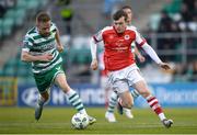 17 March 2023; Conor Carty of St Patrick's Athletic in action against Sean Hoare of Shamrock Rovers during the SSE Airtricity Men's Premier Division match between Shamrock Rovers and St Patrick's Athletic at Tallaght Stadium in Dublin. Photo by Tyler Miller/Sportsfile