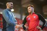 17 March 2023; Danny Lafferty of Sligo Rovers, left, and Cameron McJannet of Derry City before the SSE Airtricity Men's Premier Division match between Derry City and Sligo Rovers at The Ryan McBride Brandywell Stadium in Derry. Photo by Stephen McCarthy/Sportsfile