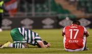 17 March 2023; Richie Towell of Shamrock Rovers and Vladislav Kreida of St Patrick's Athletic after their side's draw in the SSE Airtricity Men's Premier Division match between Shamrock Rovers and St Patrick's Athletic at Tallaght Stadium in Dublin. Photo by Ramsey Cardy/Sportsfile