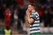 17 March 2023; Sean Hoare of Shamrock Rovers reacts after a missed goal chance in injury time of the SSE Airtricity Men's Premier Division match between Shamrock Rovers and St Patrick's Athletic at Tallaght Stadium in Dublin. Photo by Ramsey Cardy/Sportsfile