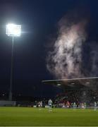 17 March 2023; Smoke from a flare can be seen as St Patrick's Athletic supporters celebrate after their side scoreD their second goal during the SSE Airtricity Men's Premier Division match between Shamrock Rovers and St Patrick's Athletic at Tallaght Stadium in Dublin. Photo by Tyler Miller/Sportsfile