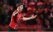 17 March 2023; Jamie McGonigle of Derry City looks to referee Adriano Reale after having a goal disallowed during the SSE Airtricity Men's Premier Division match between Derry City and Sligo Rovers at The Ryan McBride Brandywell Stadium in Derry. Photo by Stephen McCarthy/Sportsfile